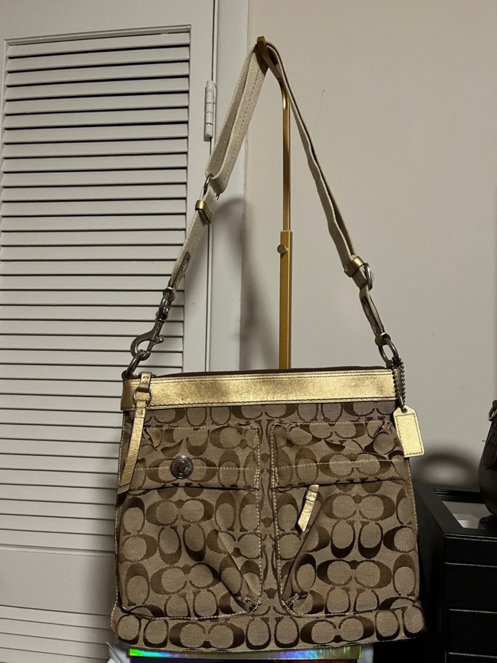 Coach Tan Signature Canvas Shoulder Bag with Gold Trim